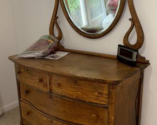 Antique Tiger Oak Dresser with Beveled Mirror