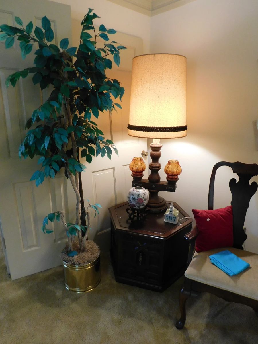 VIntage Hex End Table- Vintage MCM Double Amber Glass Table Lamp