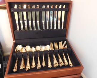 GOLD PLATED FLATWARE SERVICE FOR 12 WITH SILVER CHEST