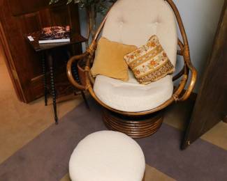 VINTAGE BOHO RATTAN SWIVEL CHAIR AND OTTOMAN