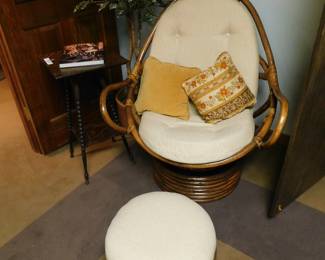 VINTAGE BOHO RATTAN SWIVEL CHAIR AND OTTOMAN