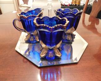 RARE ANTIQUE EAPG NORTHWOOD REGENT LEAF MEDALLIAN BLUE GLASS CREAMER, SPOONER & SUGAR BOWL