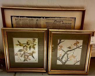 Set of Two Framed Asian Floral and Bird Art Prints with Gilded Frames