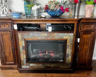 Wooden Electric Fireplace Mantel with Stone Tile Cabinet