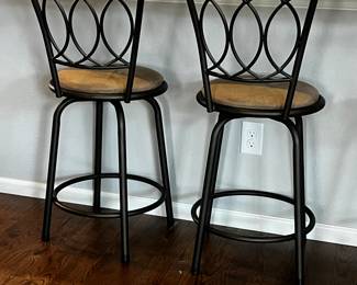 Set of Three Barstools - Modern Black Metal with Saddle Brown Cushions