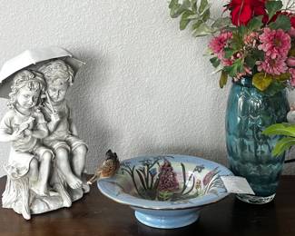 Porcelain Figurine, Decorative Bowl, and Floral Vases