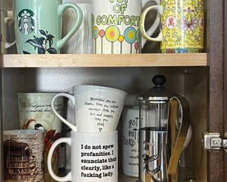 Vintage and Contemporary Mug Lot - Assorted Designs and French Press.