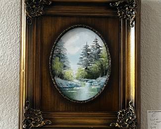 Framed Oil on Canvas Landscape Painting and Sconces