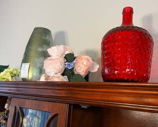 Decorative Tall Grey and White Ceramic Vase with Red Textured Glass Bottle