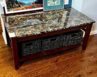Elegant Coffee Table - Dark Wood with Marble Top and Storage Baskets.