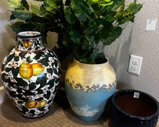 Decorative Hand-Painted Ceramic Vase with Fruit and Leaf Pattern, Large Blue and Beige Ceramic Plant Pots