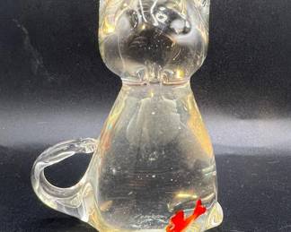 Art Glass Cat Paperweight with Fish in Belly
