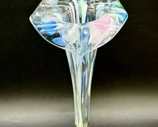 Art Glass Jack-in-the-Pulpit Vase with Pastel Swirl Design
