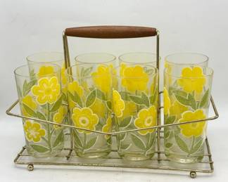 (8) Vintage Culver Yellow Floral Drinking Glasses with Metal Caddy

