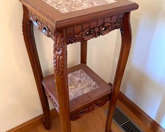 36” Square Marble Plant Stand with Ornate Carved Mahogany
