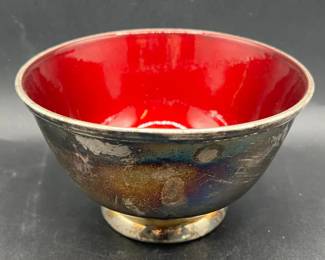 Vintage Towle Silver Plated Red Enamel Clad Footed Bowl Stamped EP 5002
