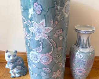 (3) Porcelain Pieces Made in China ft. Cat, Vase, Umbrella Stand
