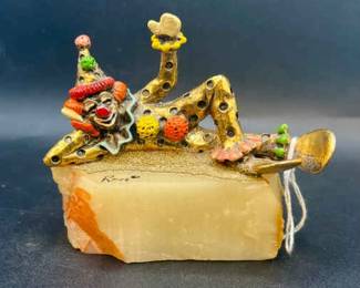 Signed Handpainted 24K Gold Plated Clown “Pinky Laying Down” by Ronald Lee on Marble Stand
