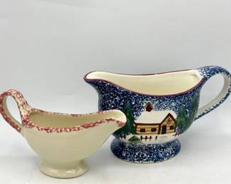 (2) Ceramic Gravy Boats – Holiday & Red Spongeware
