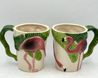 (2) Ceramic Flamingo Coffee Mugs – Signed LOM 1997

