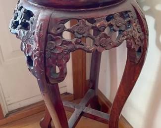 Vintage Marble & Solid Rosewood Carved Chinese Plant Stand
