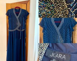 NWT J Kara Women’s Petite 6P Navy Beaded Evening Gown with Faux Wrap Overlay
