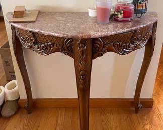 31” Marble Top Ornate Carved Three-Legged Table
