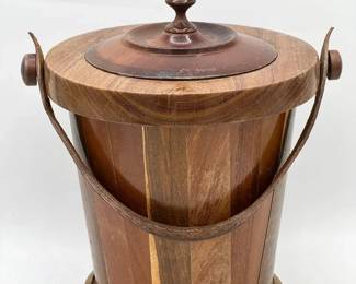 Vintage Mid-Century Wooden Ice Bucket with Lid & Handle

