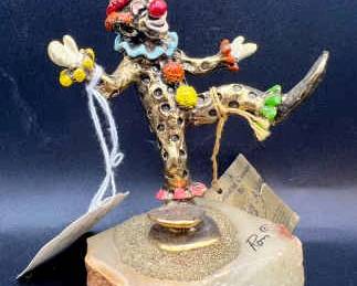 24K Gold Plated Signed 1980 Handpainted Clown on Marble Stand “Dancing Pinky” by Ronald Lee
