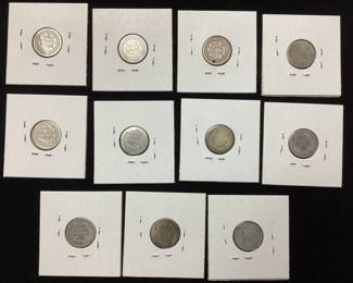 (12) SILVER SEATED DIMES, 1842, (2) 1853, (2) 1853 ARROWS, 1856 SMALL DATE, (2) 1886, (3) 1890 & 1891