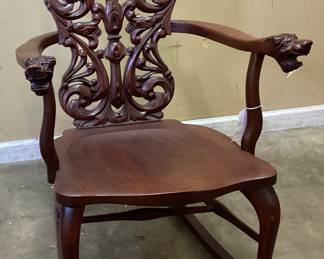 ANTIQUE STICKLEY & BRAND MAHOGANY HAND CARVED ROCKER CHAIR, TIGER HEAD ARM REST NO SHIPPING PICKUP ONLY