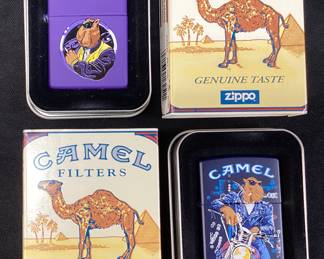 (2) ZIPPO CAMEL LIGHTERS, PURPLE SMOKIN JOE & RIDING MOTORCYCLE