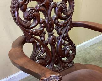 ANTIQUE STICKLEY & BRAND MAHOGANY HAND CARVED ROCKER CHAIR, TIGER HEAD ARM REST NO SHIPPING PICKUP ONLY