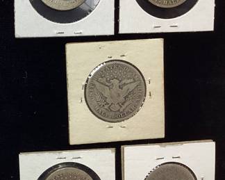 (5) BARBER HALF DOLLARS, 1899-S, 1900-O, 1907-O, 1911-O & 1912-D