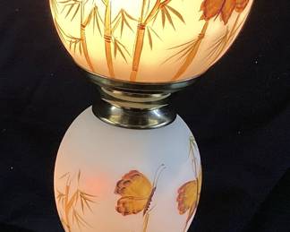 FENTON HAND PAINTED BUTTERFLIES & BAMBOO LAMP, SIGNED BY LINDA EVERSON