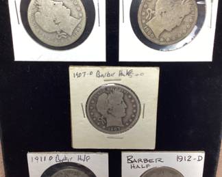 (5) BARBER HALF DOLLARS, 1899-S, 1900-O, 1907-O, 1911-O & 1912-D