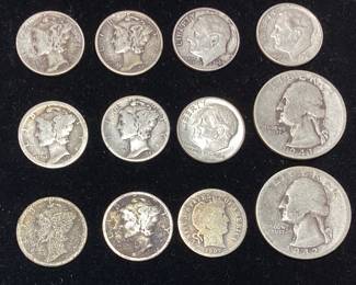 ASSORTED SILVER COINS, 10 MERCURY & ROOSEVELT DIMES, 2 WASHINGTON QUARTERS 1941. & 1942