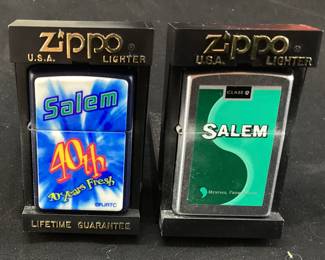 (2) ZIPPO SALEM CIGARETTES LIGHTERS, GREEN MENTHOL & 40th ANNIVERSARY.
