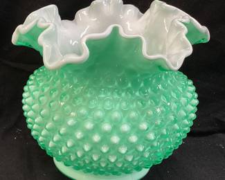  FENTON APPLE GREEN OVERLAY HOBNAIL VASE w R RUFFLED EDGE, 8in