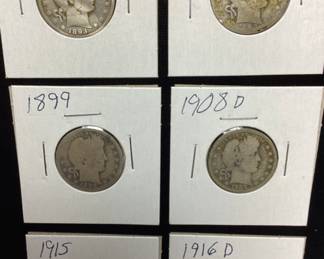 (6) 90 PERCENT SILVER BARBER QUARTERS, 1893, 1899, 1908-D, 1893-O, 1915 & 1916-D