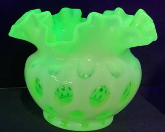 1960 FENTON URANIUM GLASS OPALESCENT COIN DOT VASE, 8in