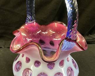 FENTON MULBERRY COIN DOT GLASS BASKET, 8in