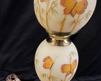 FENTON HAND PAINTED BUTTERFLIES & BAMBOO LAMP, SIGNED BY LINDA EVERSON