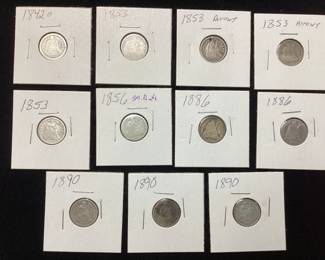 (12) SILVER SEATED DIMES, 1842, (2) 1853, (2) 1853 ARROWS, 1856 SMALL DATE, (2) 1886, (3) 1890 & 1891