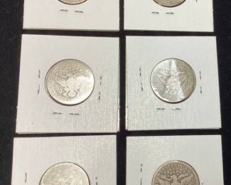 (6) 90 PERCENT SILVER BARBER QUARTERS, 1893, 1899, 1908-D, 1893-O, 1915 & 1916-D