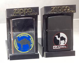 (2) ZIPPO CAMEL LIGHTERS, 1995 MATTE NIGHT/DAY & CHROME BLUE YELLOW