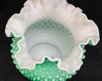  FENTON APPLE GREEN OVERLAY HOBNAIL VASE w R RUFFLED EDGE, 8in