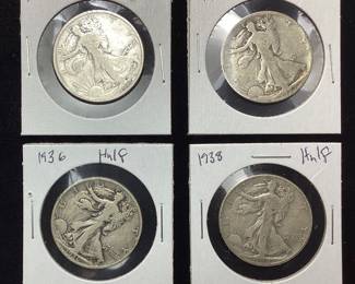  (4) WALKING LIBERTY HALF DOLLARS, 1917, 1927-S, 1936 & 1938