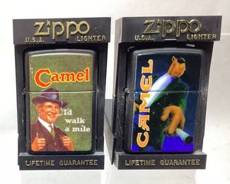 (2) ZIPPO JOE CAMEL LIGHTERS, SMOKIN JOE BLACK & ID WALK A MILE GREEN