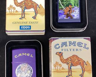(2) ZIPPO JOE CAMEL LIGHTERS, JOE FISHING & PURPLE SMOKIN JOE WINDOW